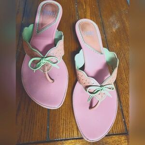 Leather Sandals 👡 Pink Green Cutouts with Bows - Adorable